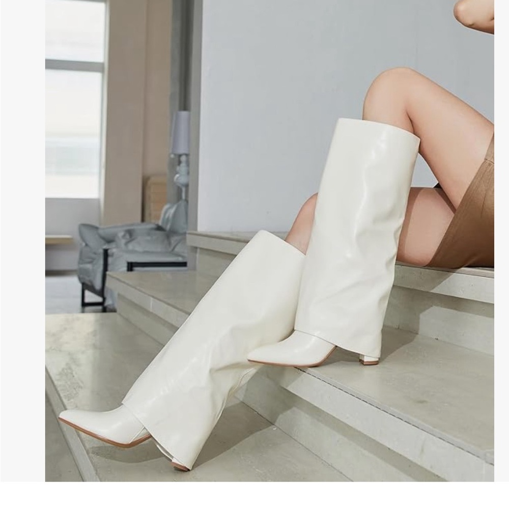 Modatope Knee High Boots Women Fold Over Knee High Boots Chunky High Heels